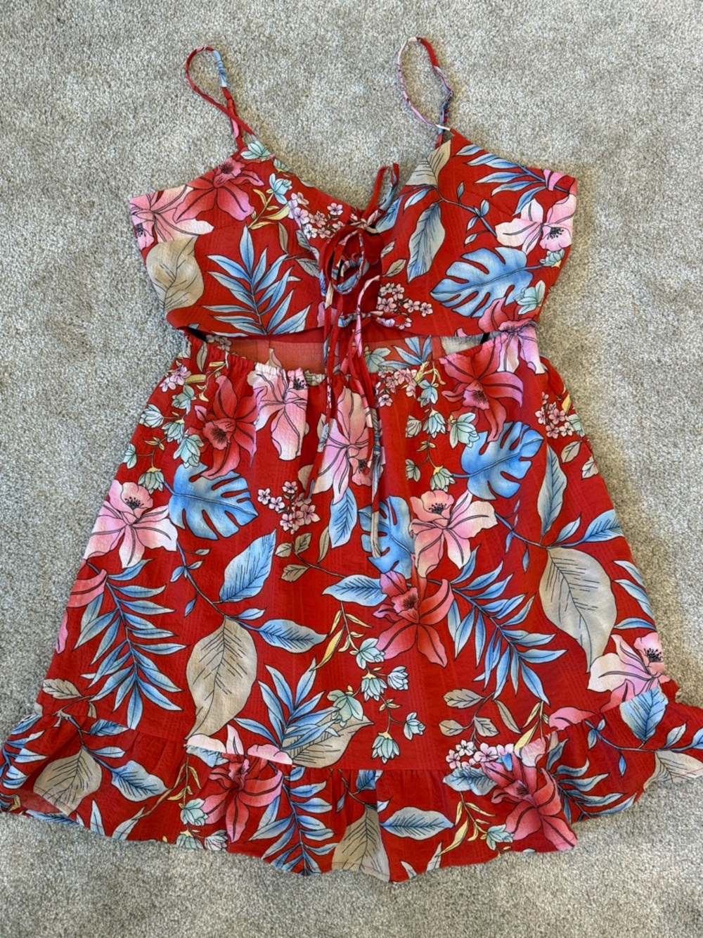 Forever 21 Tropical Floral Cutout Dress Size L Lace Up Front Ruffle Hem
